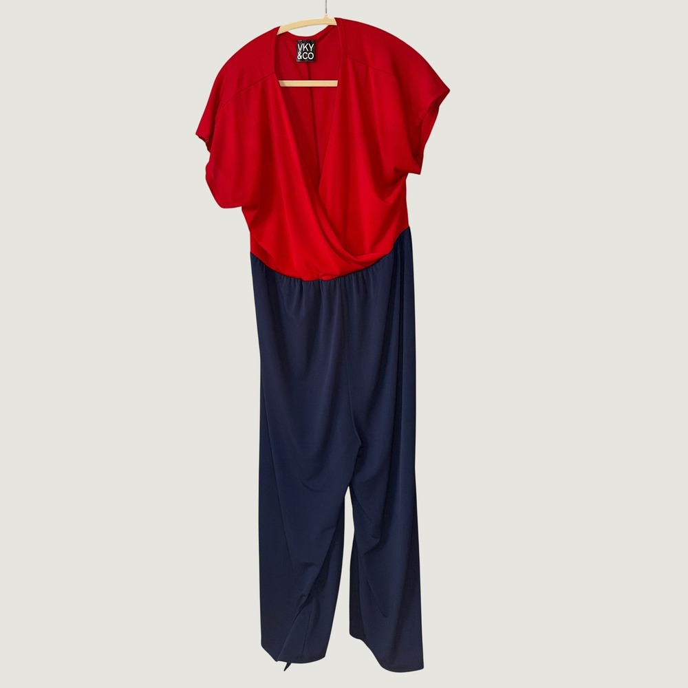 VKY & CO WomensRedNavyBlue Colorblock Surplice Wrap Jumpsuit Size 1X Made in USA